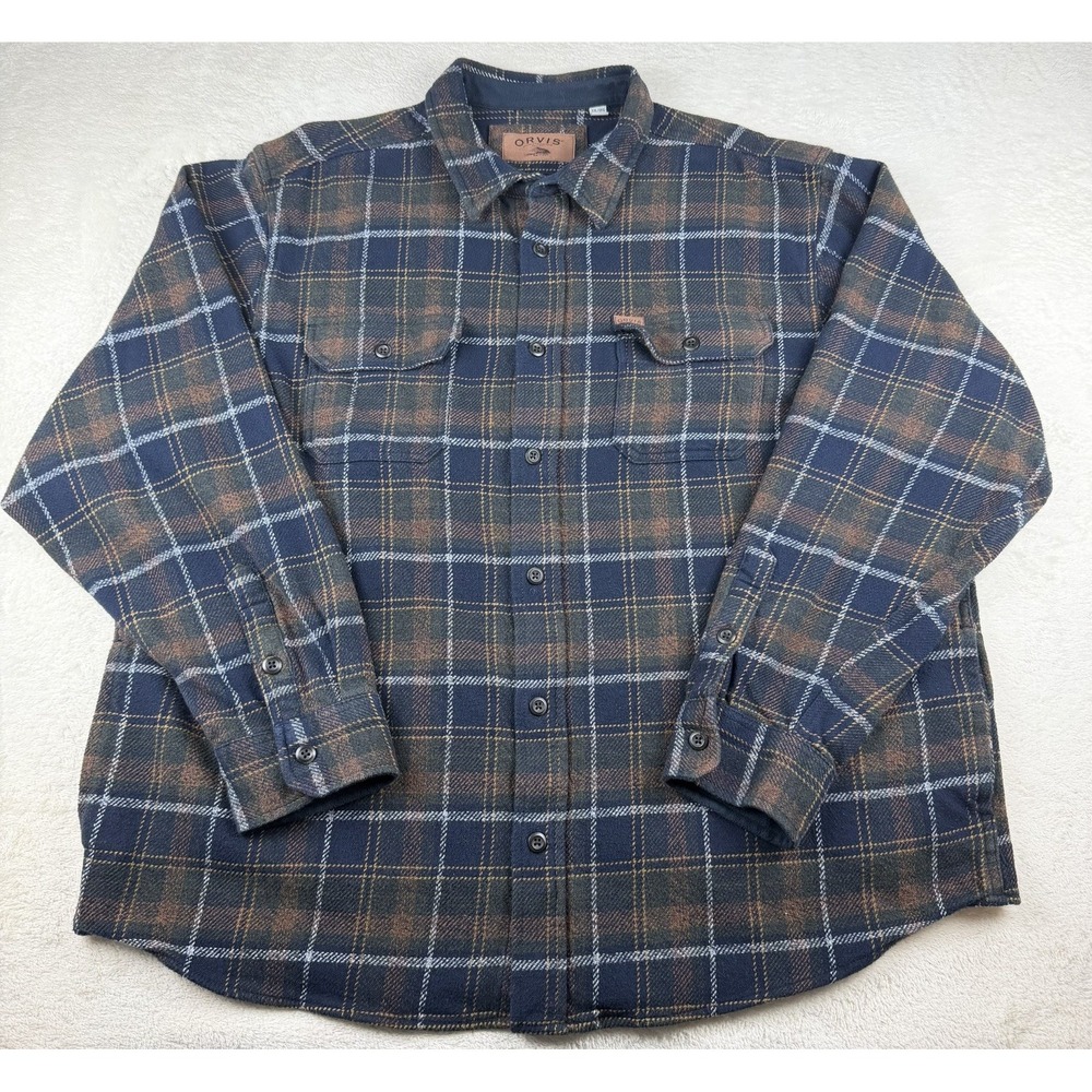 Orvis Flannel Shacket Shirt Mens XXL Blue/Brown Plaid Heavyweight Button Up